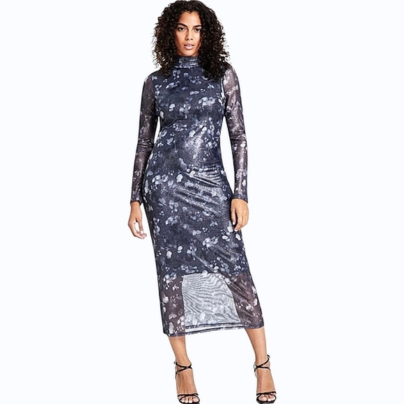 Bar III Foil Mesh Mock Neck Bodycon Midi Dress NWT Women's 1X - Picture 1 of 15